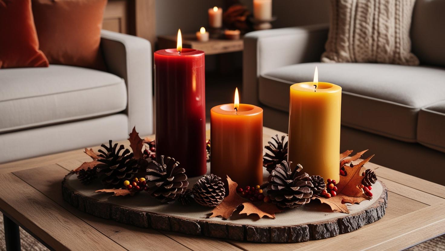 Saisonaler Kerzendekor auf einem Holzschale