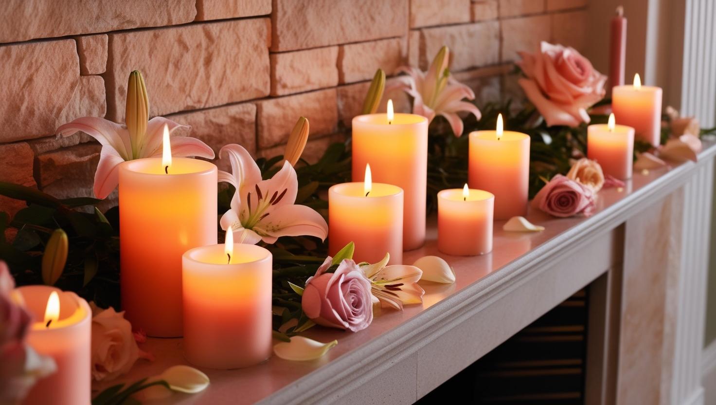 Saisonale Kamindekoration mit frischen Blumen und Kerzen