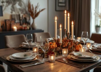 Warme Thanksgiving-Tischdekoration mit Kerzen