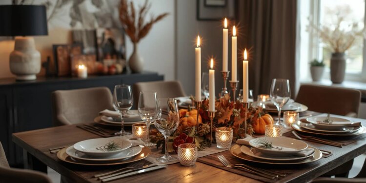 Warme Thanksgiving-Tischdekoration mit Kerzen