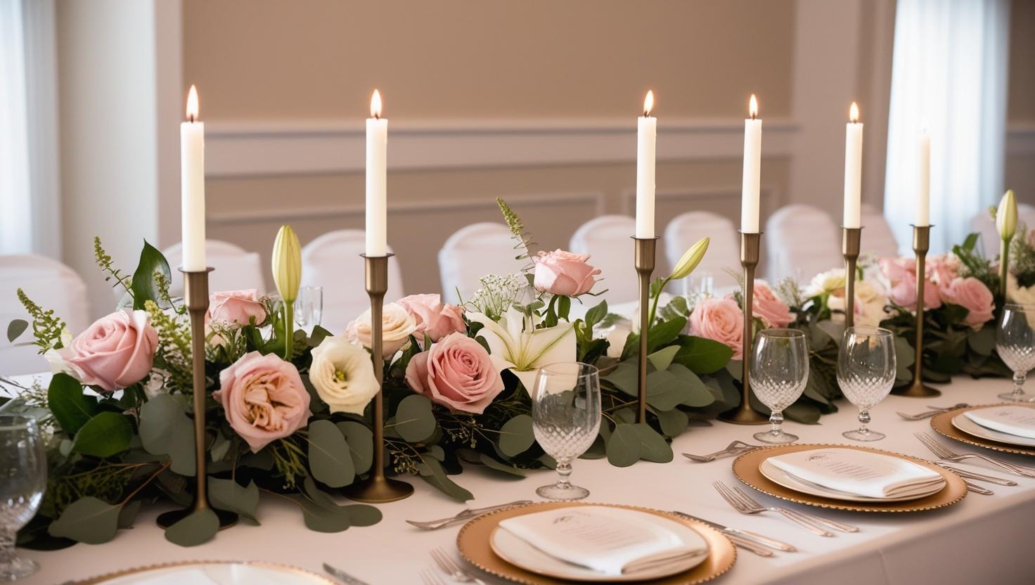 Verjüngungskerzen und Grün für das Herzstück Hochzeitstisch