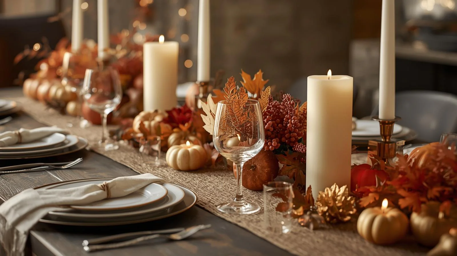 Thanksgiving-Tischdekoration mit Stumpenkerzen
