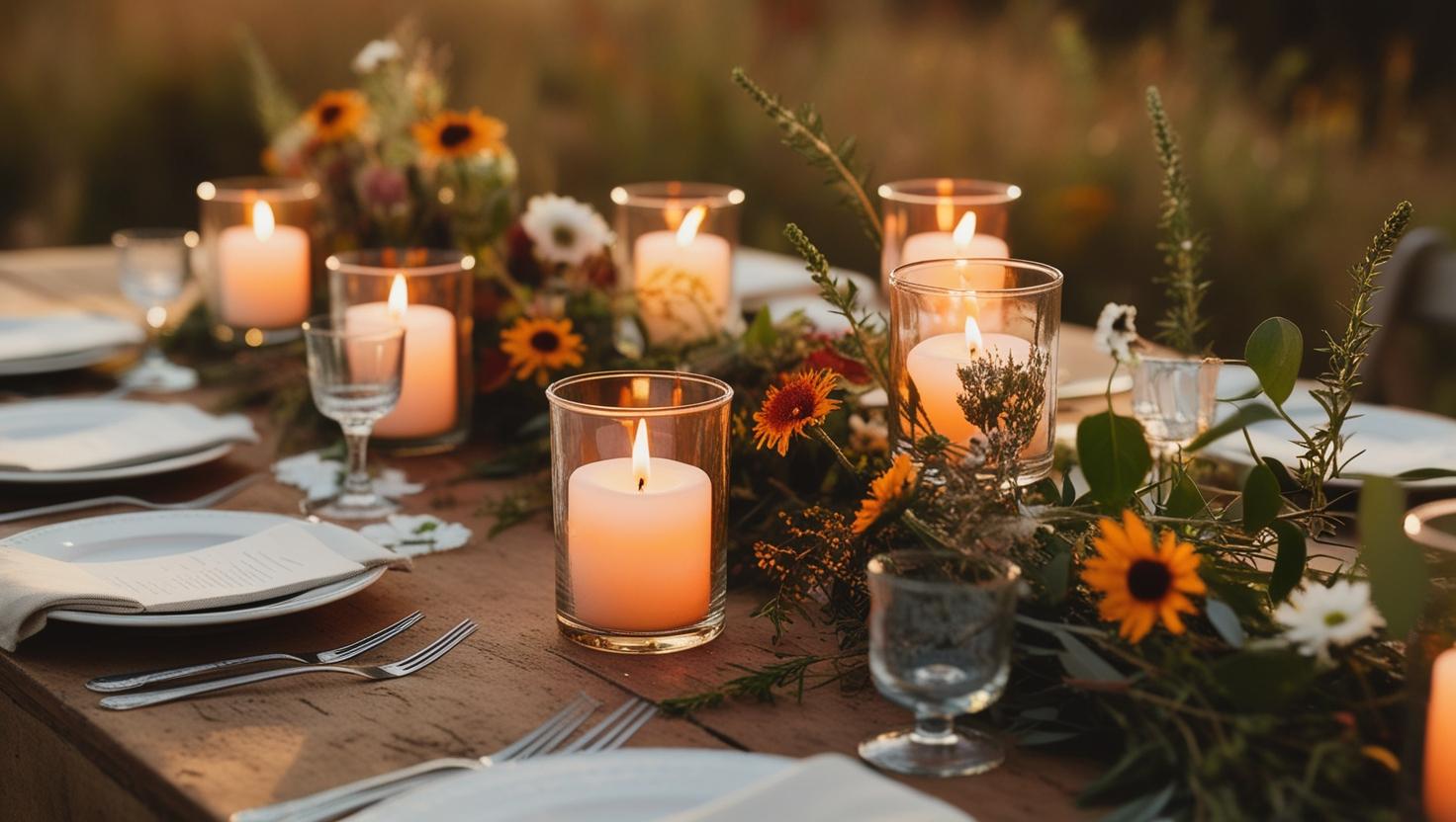 Votivkerzen für rustikale Hochzeitstischdekoration