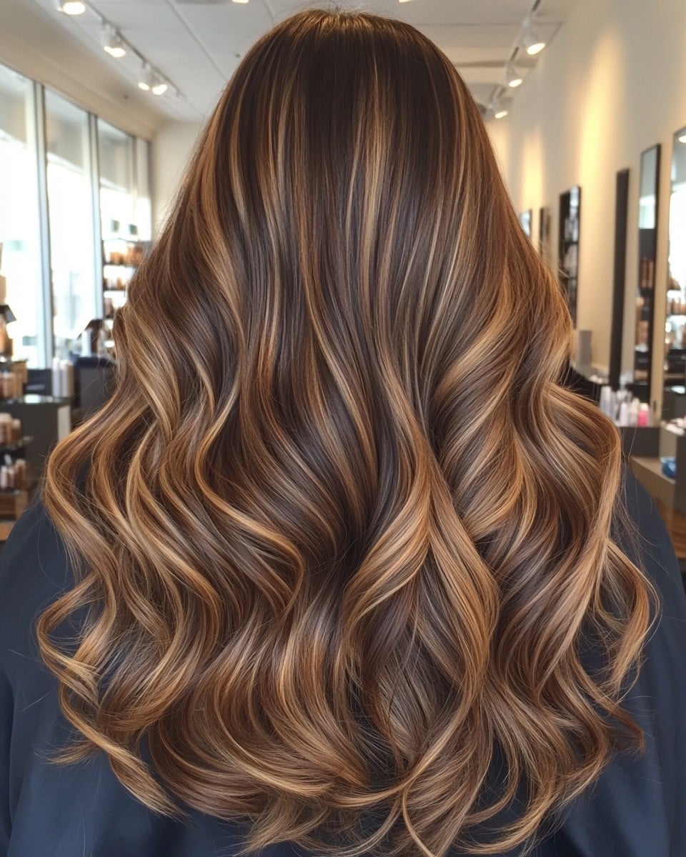 Warmes Karamell-Balayage auf dunklem Braun