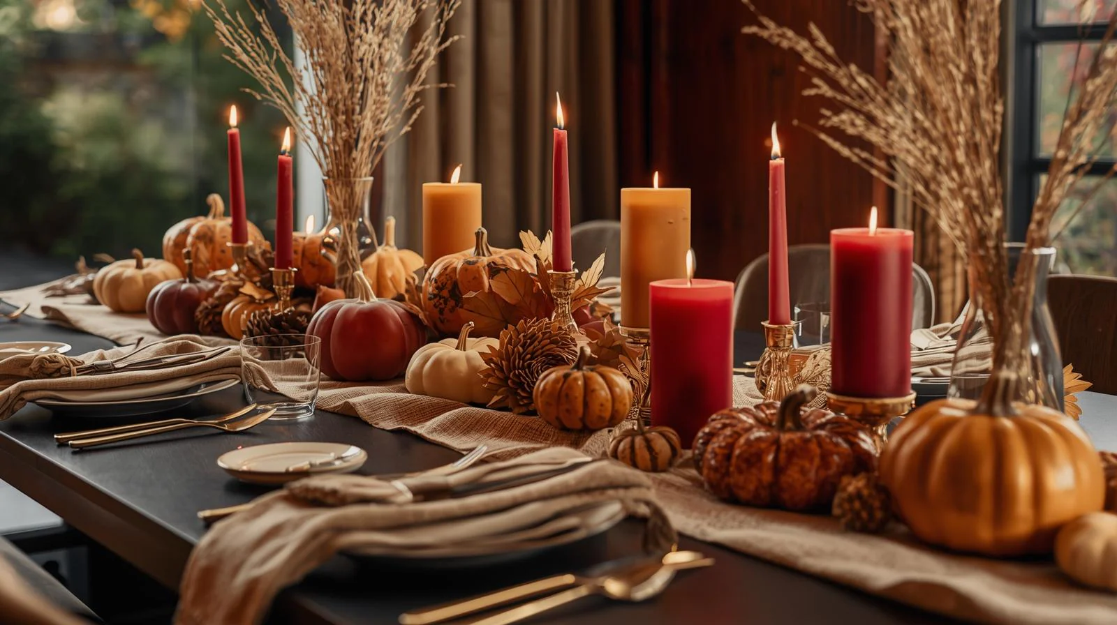 Warme Thanksgiving-Tischdekoration mit Kerzen