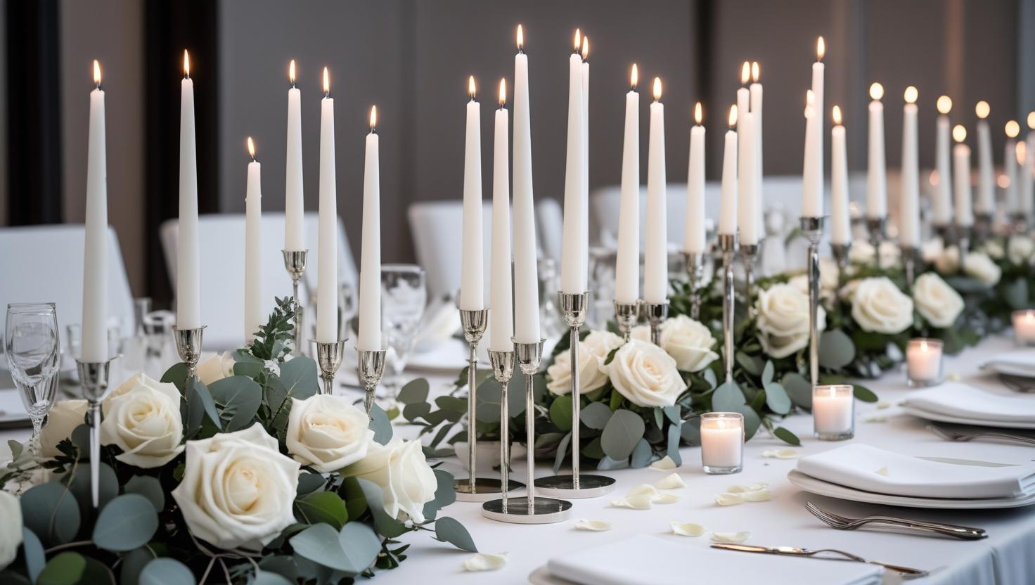 Weiße sich verjüngende Kerzen und Blumen für die Hochzeitsdekoration