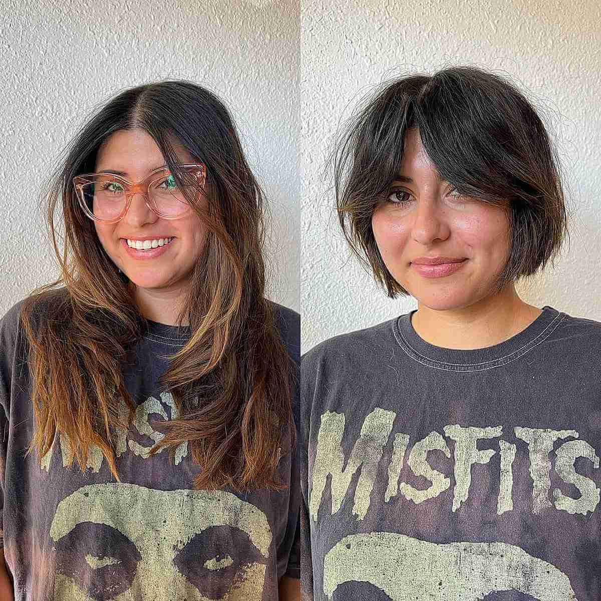 Verführerischer zentraler Bob auf Brünettenhaar mit Fransen