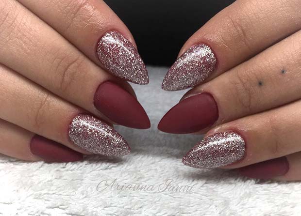 20 Nageldesign -Ideen perfekt für jede Jahreszeit perfekt Bordeaux und Glitzernägel für Winternagelideen