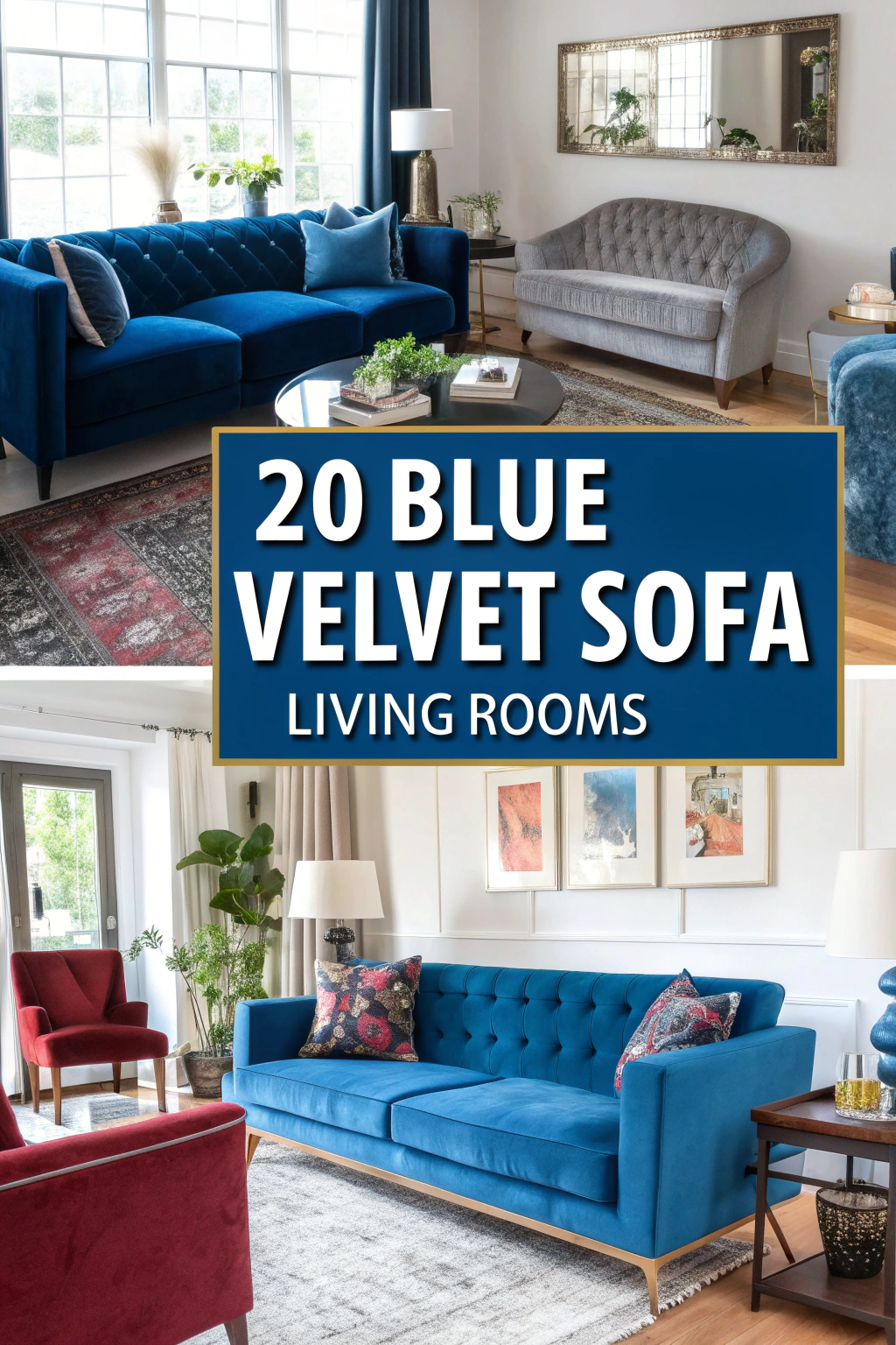 20 blaue Samtsofa Wohnzimmer