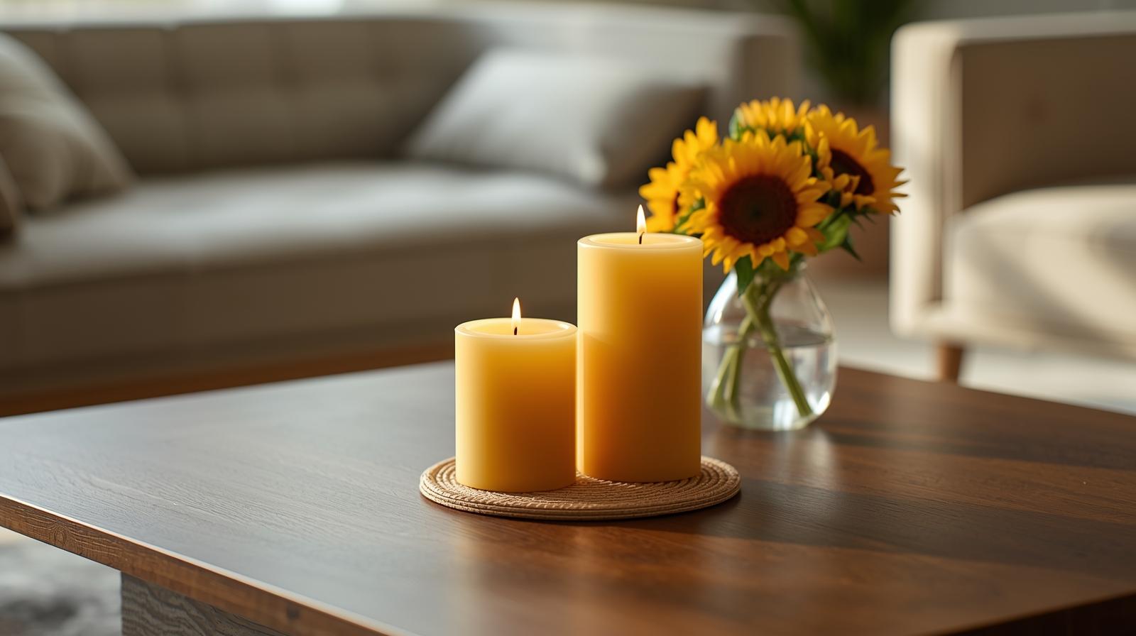 Bienenwachs -Säulenkerzen und Blumen auf dem Tisch