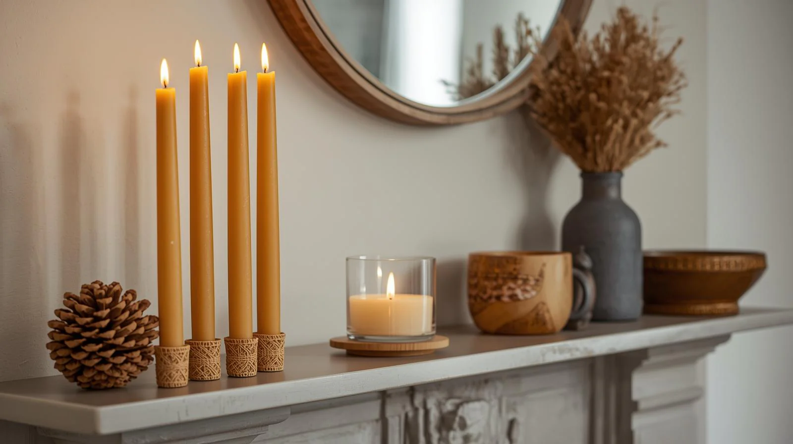 Stabkerzen aus Bienenwachs auf dem Kaminsims