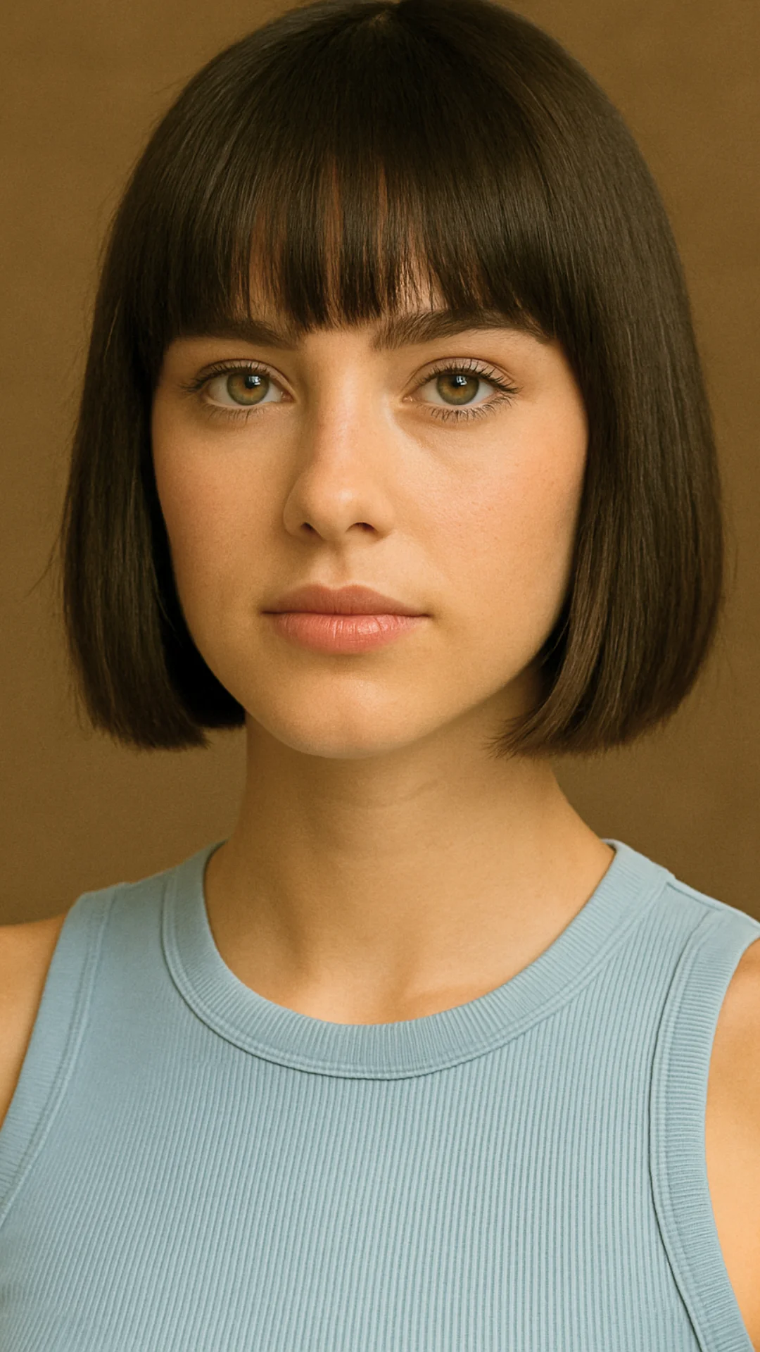 Stumpf geschnitten mit geraden Pony auf Frau mit schlanker Bob -Frisur