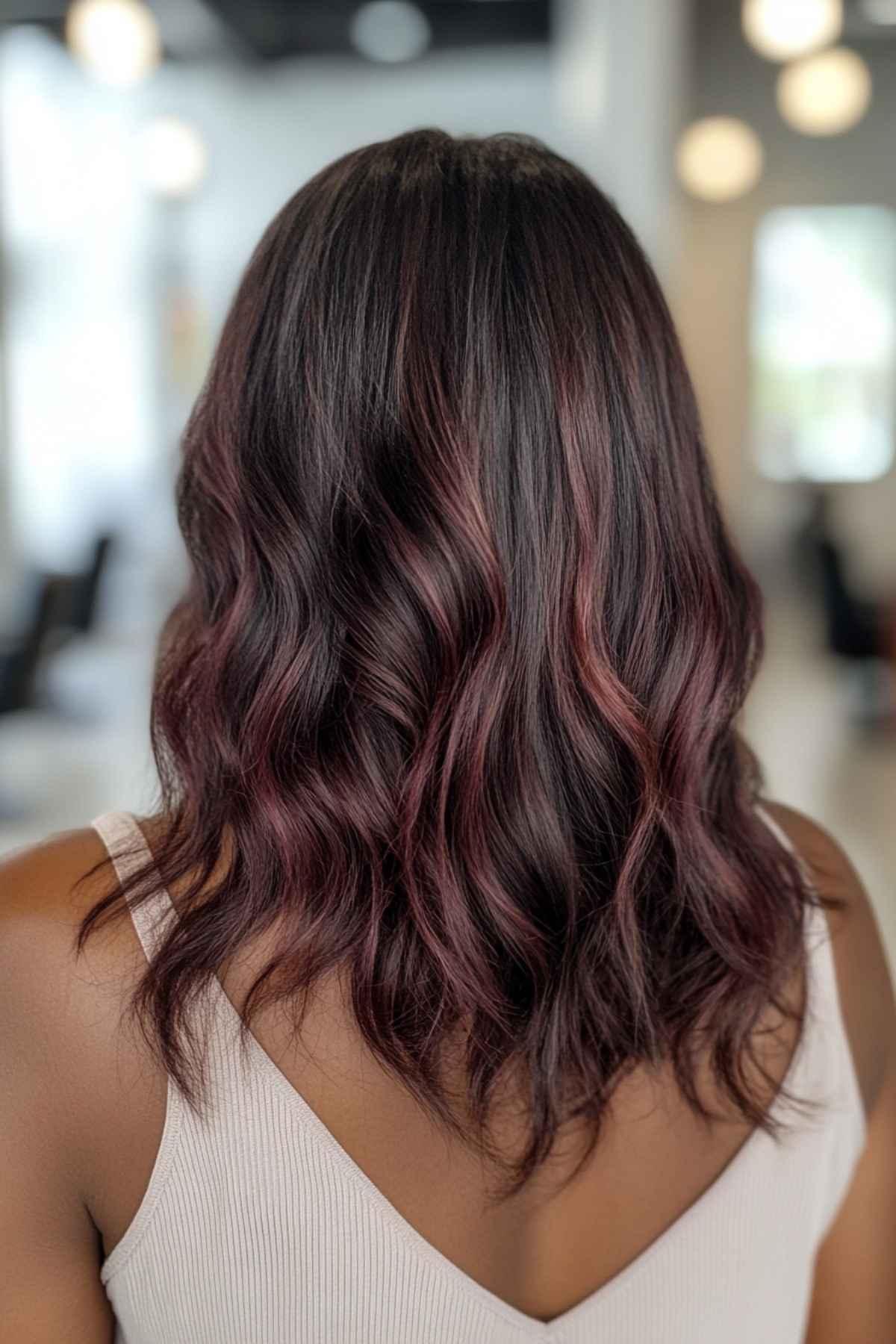 Brünette Haare mit burgunderfarbenen Highlights für braune Haut