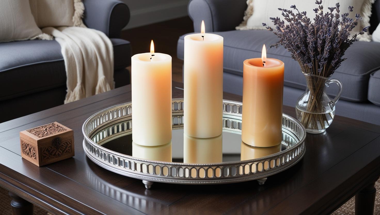 Kerzenkernstück auf einem dekorativen Tablett für Wohnzimmerdekoration