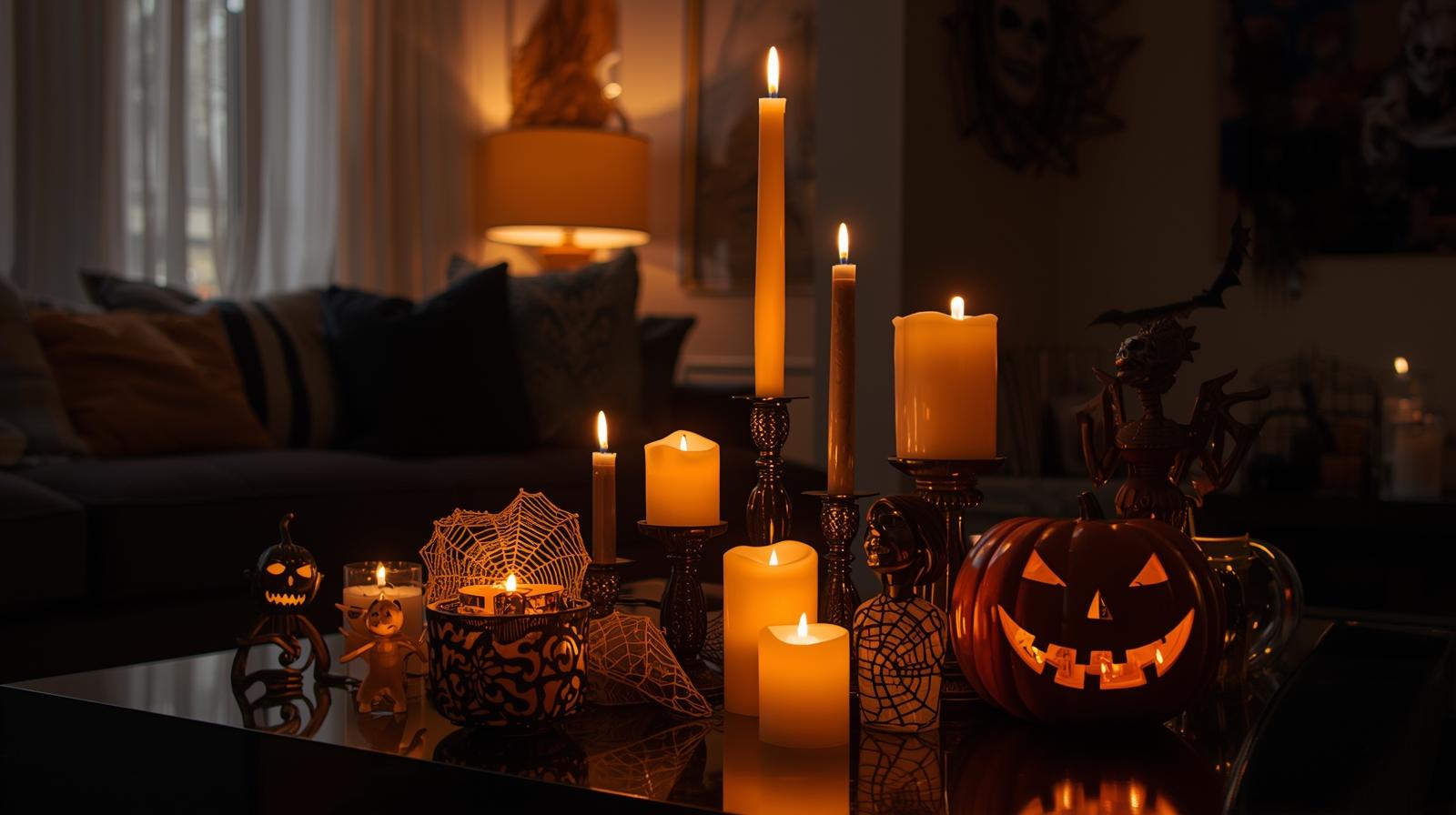 Kerzenanzeige von Jack-O'-Laternen im Dunkeln leuchtet