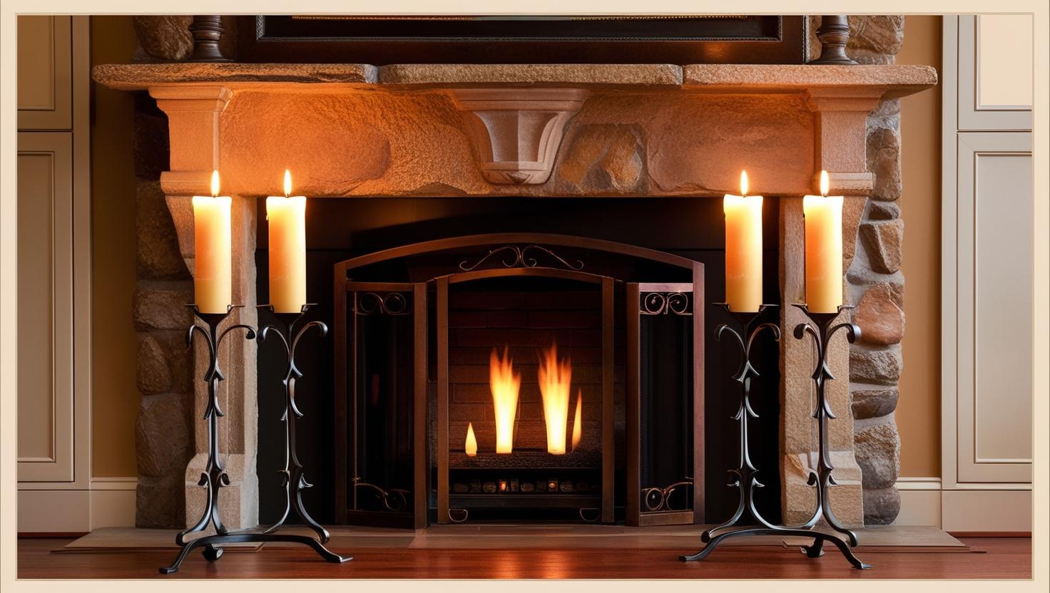 Kerzenhalter auf beiden Seiten des Mantels im Wohnzimmer