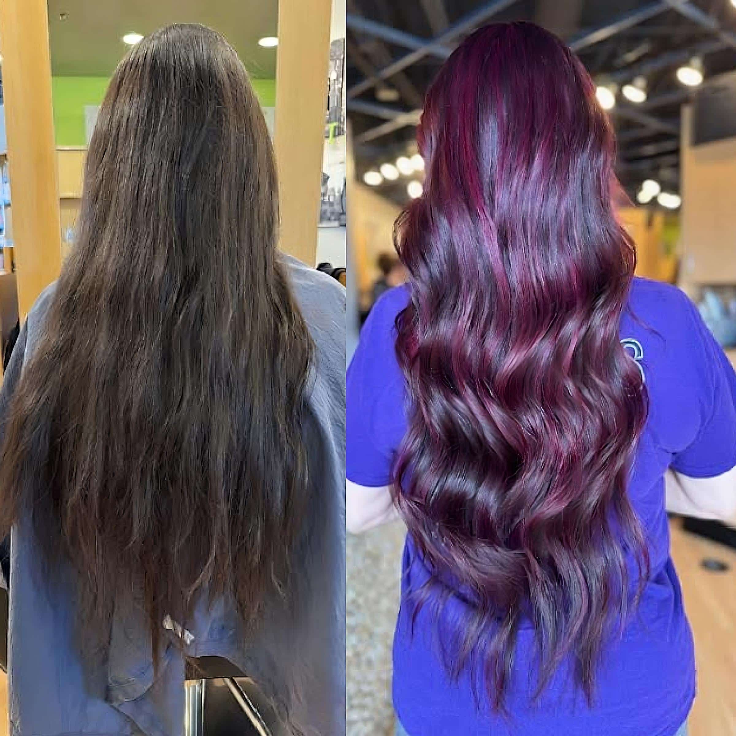 Cherry Cola Haarfarbe Makeover für Frauen mit lang dunkelbraunem Haar