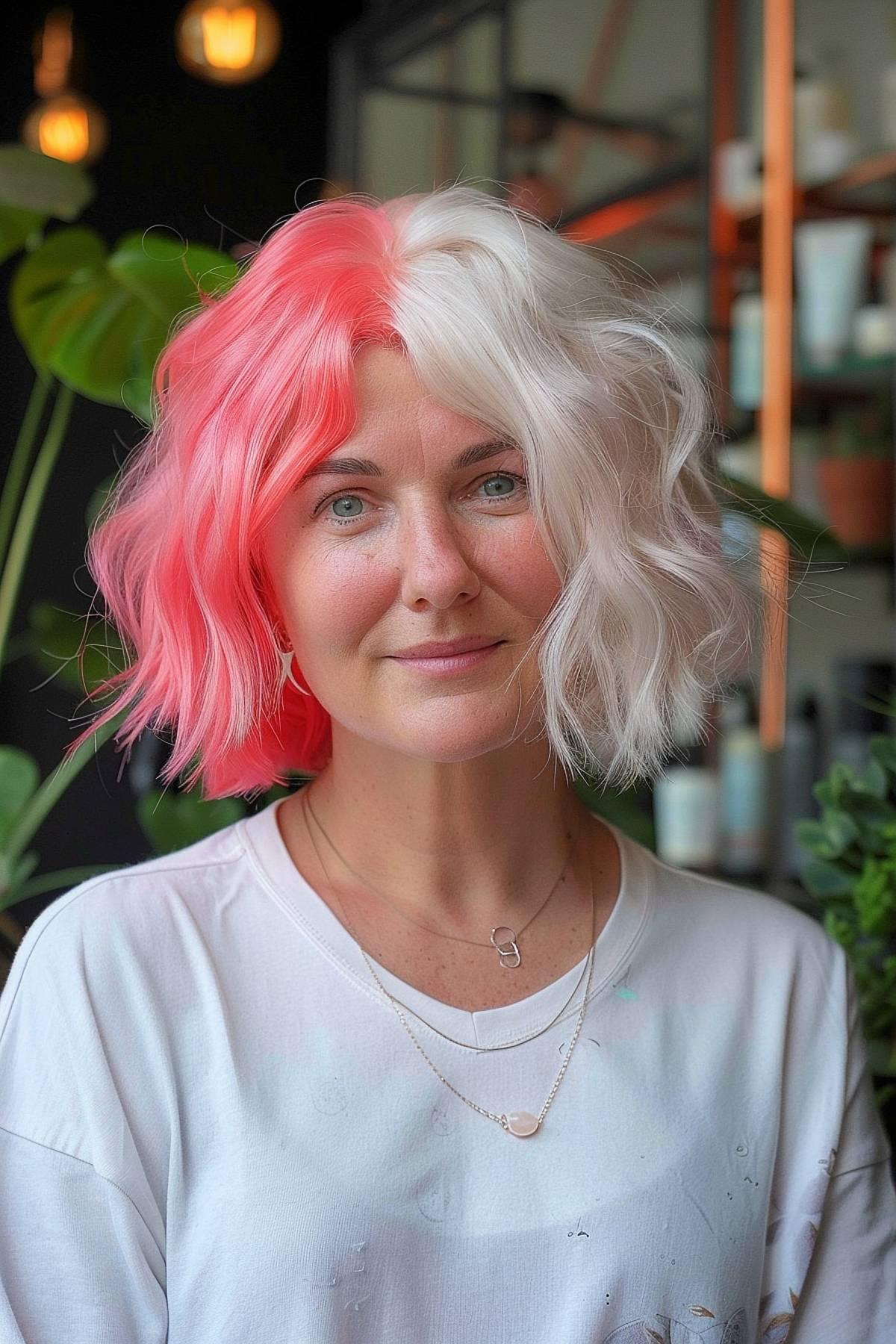 Schicke kurze, wellige Haare in Korallenrosa und Platin, die auf einen raffinierten, aber verspielten Look für Frauen über 40 zugeschnitten sind.