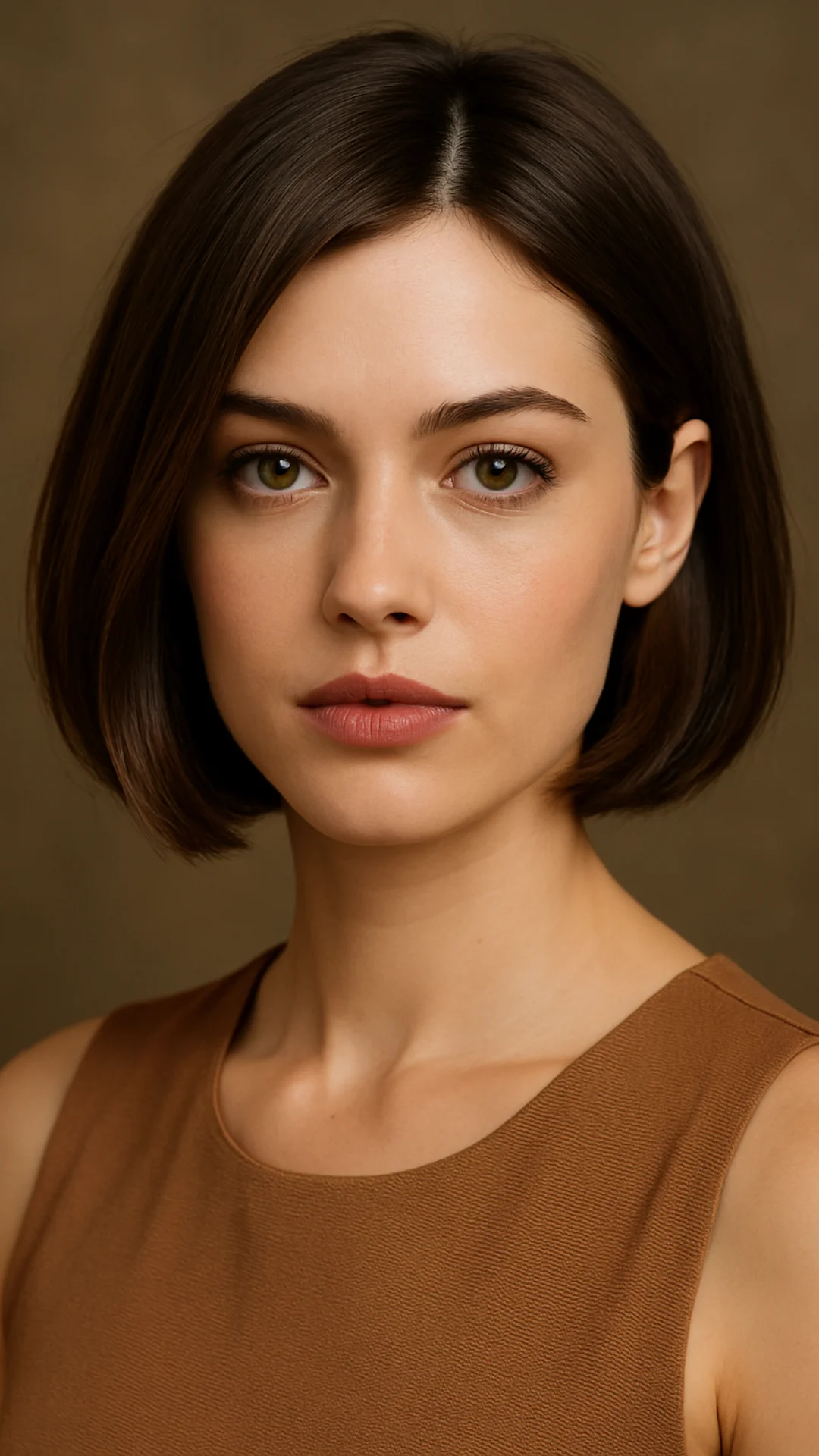 Klassischer Bob -Haarschnitt auf Frau mit glattem Haar und Seitenteil