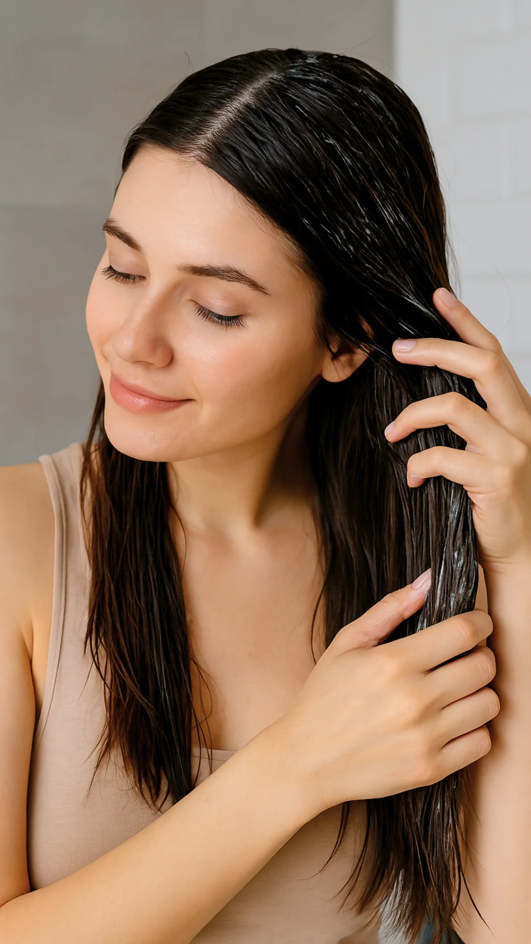 Junge Frau, die Kokosmilchhaarmaske auf feuchte Stränge in einem sonnenbeschienenen Badezimmer auftragen; Natürlicher, Nahaufnahme-Schönheitspflegemoment.