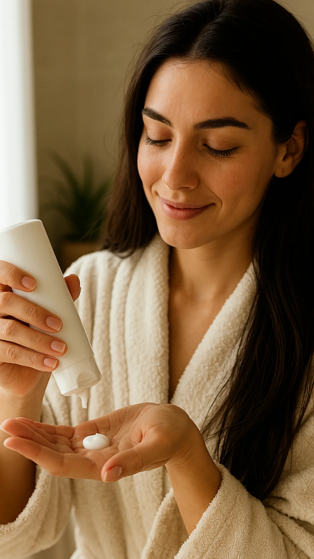 Frau im Bademantel zubereitet eine hausgemachte Kokosmilchhaarmaske in einer sanft beleuchteten, gemütlichen Badezimmerumgebung.