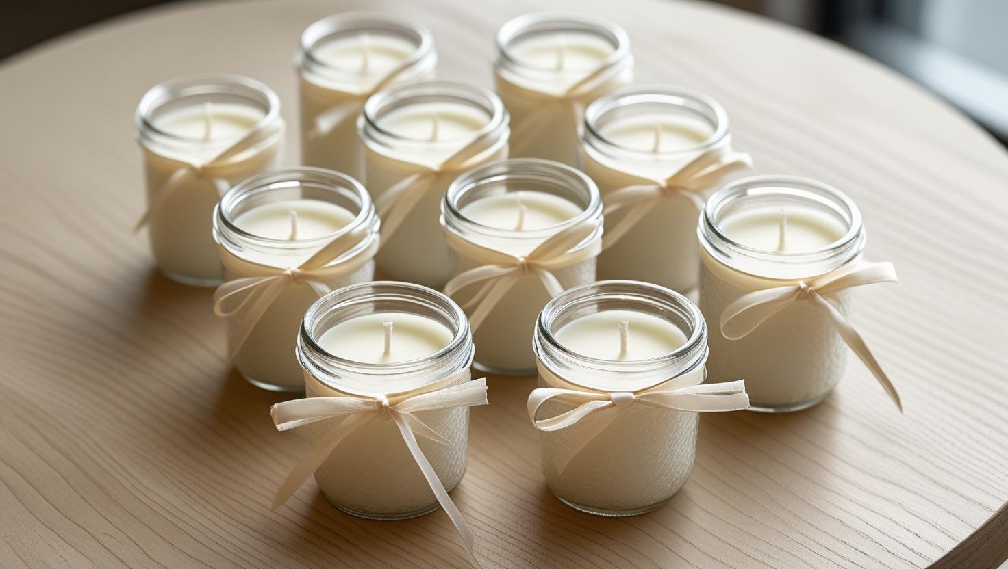 Kokoskerzen in Gläser für einen Hochzeitsgefallen