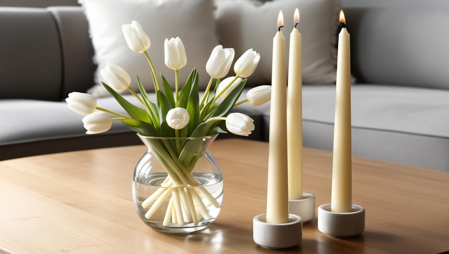 Couchtischdekoration mit Kerzen und weißen Tulpen