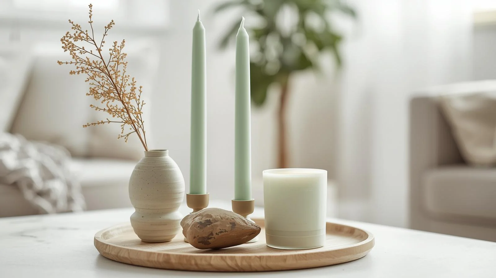 Couchtischdekoration mit Spitzkerzen