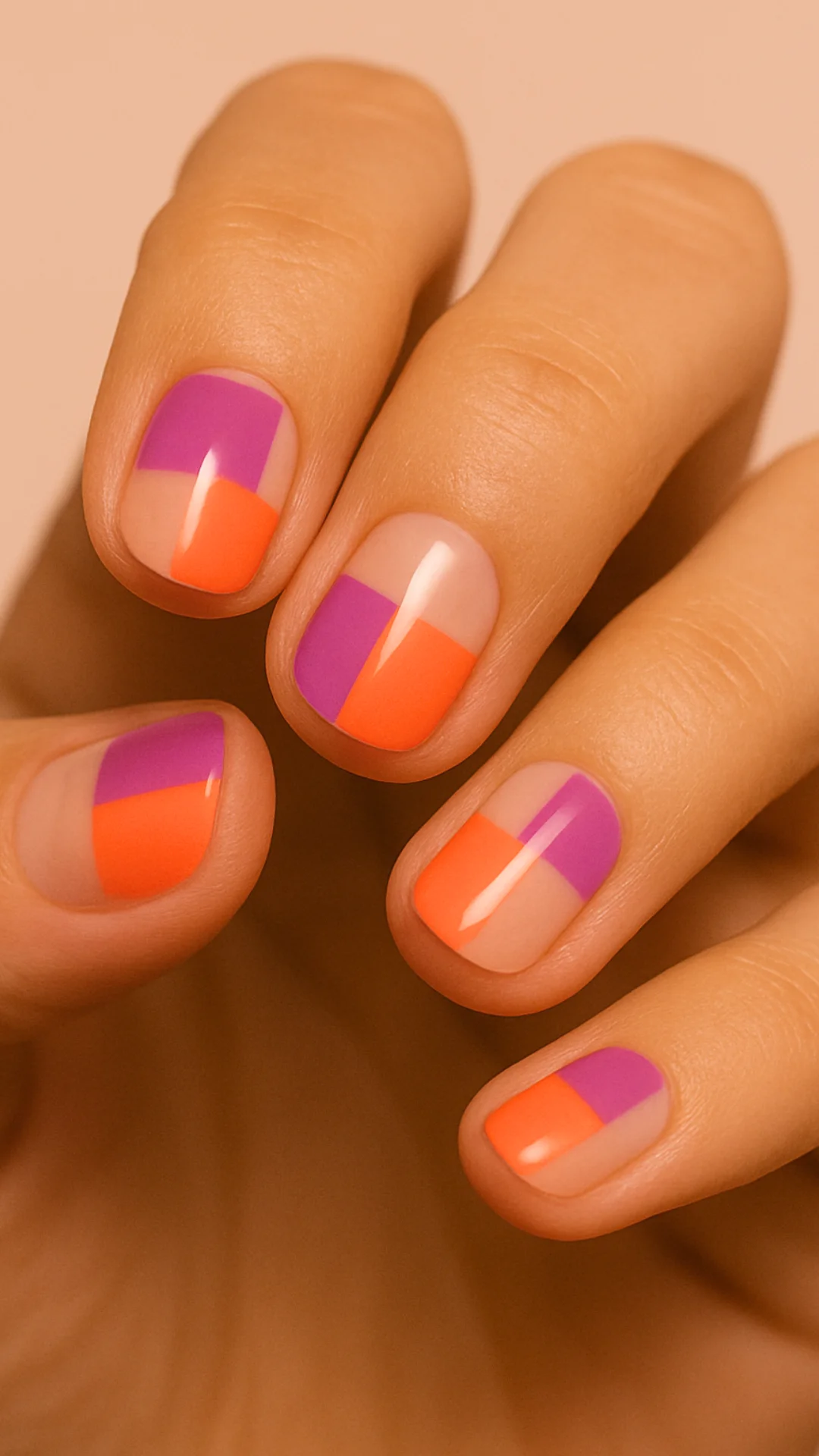 Neonpurpur und Korallenfarbe Blockdesign auf kurzen natürlichen Nägeln