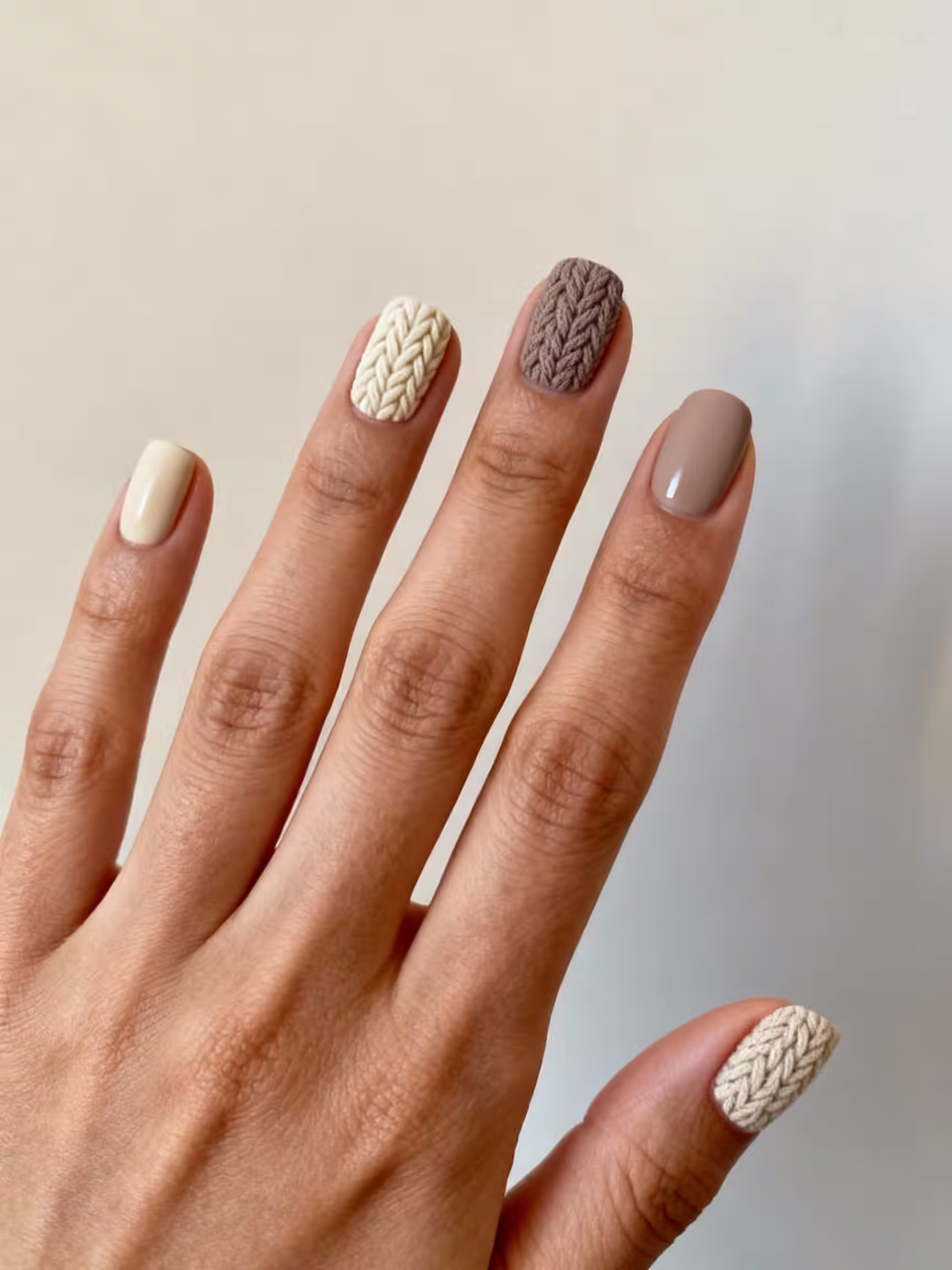 gemütliche Zopfstrick-Maniküre in neutraler Farbe