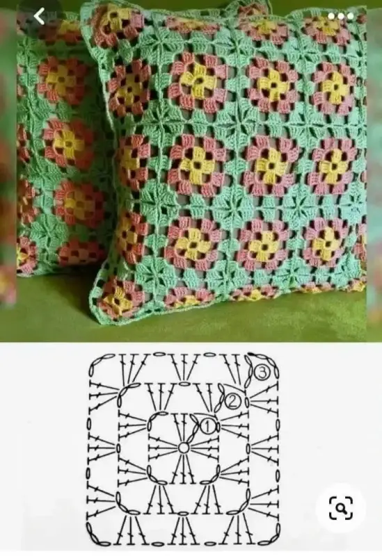 Kissen aus gehäkelten Quadraten mit 2 Schuppen