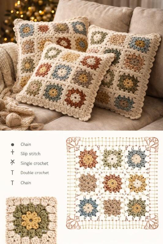 Kissen aus gehäkelten, skalierten Quadraten