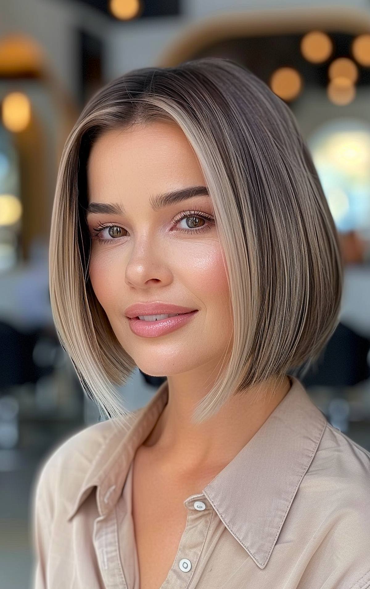 Dunkelbraun bis blonde Balayage für kurze Bob -Frisur
