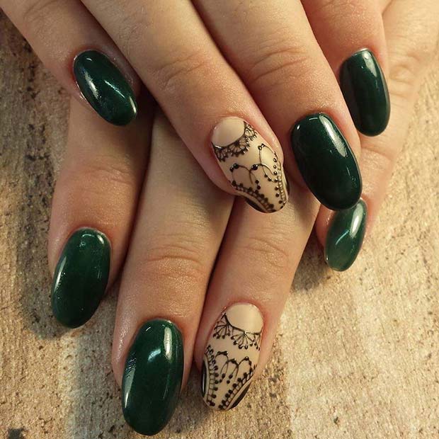 20 Nageldesign -Ideen perfekt für jede Jahreszeit perfekt Wintergrüne Nägel mit Spitzenakzentnagel für Winternagelideen