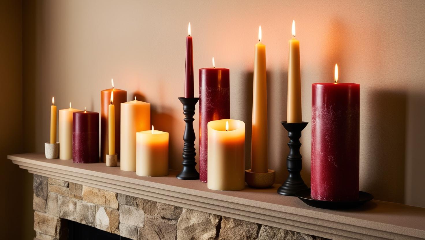 Verschiedene Arten und Größen von Kerzen für die Kamindekoration