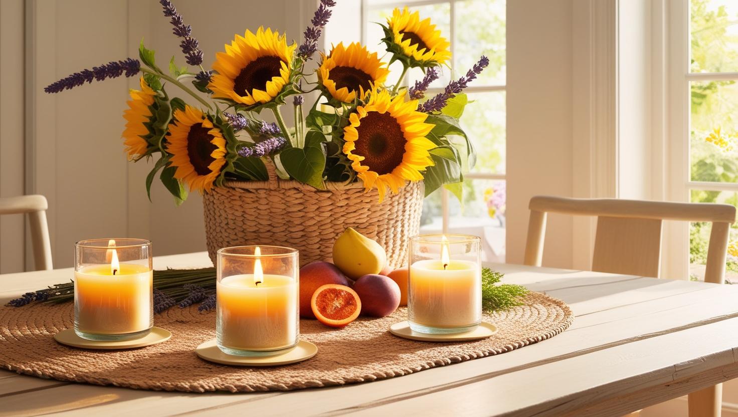 Esszimmerdekoration mit duftenden Glaskerzen