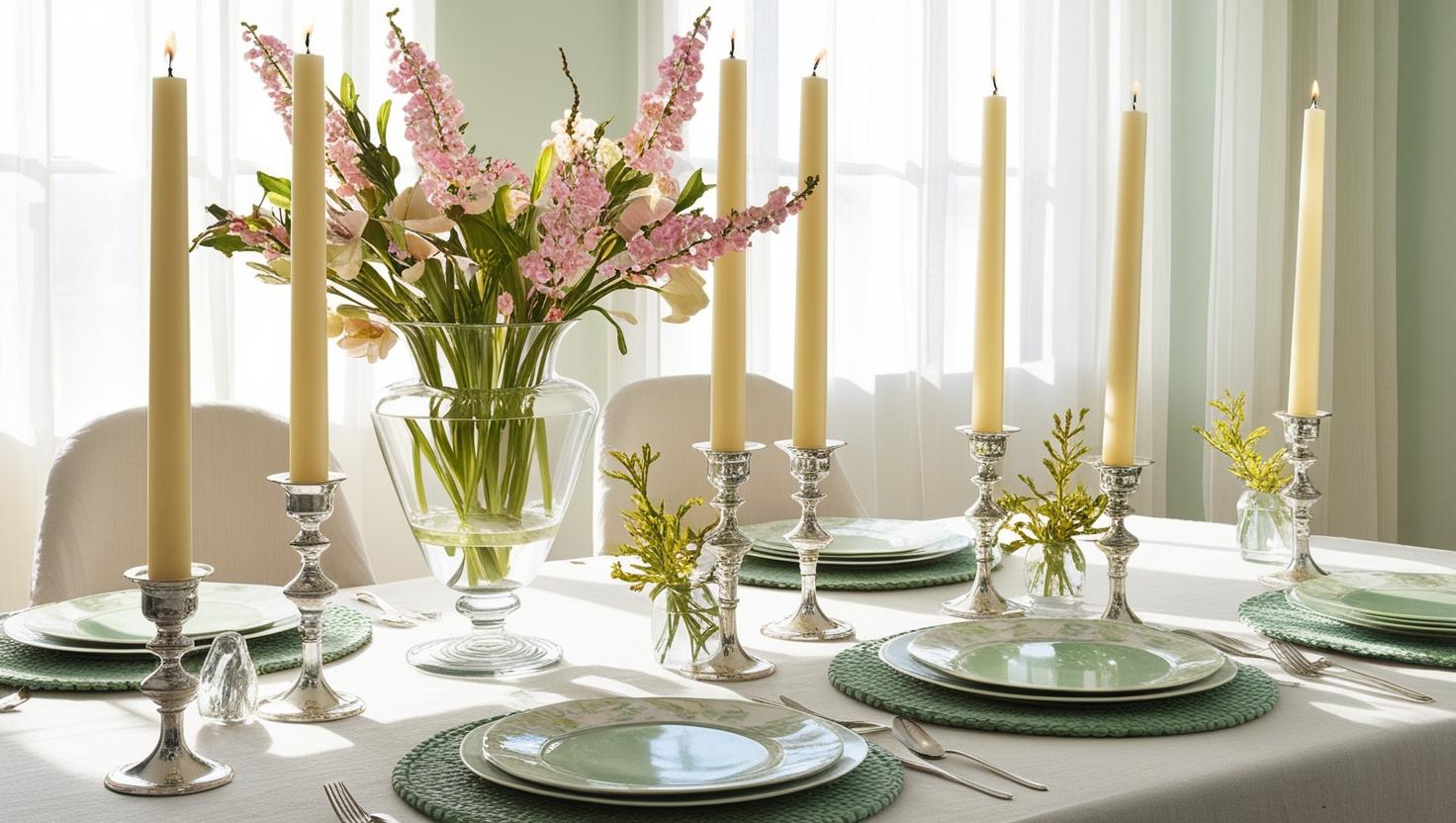 Esstischdekoration mit eleganten Kerzen und Blumen