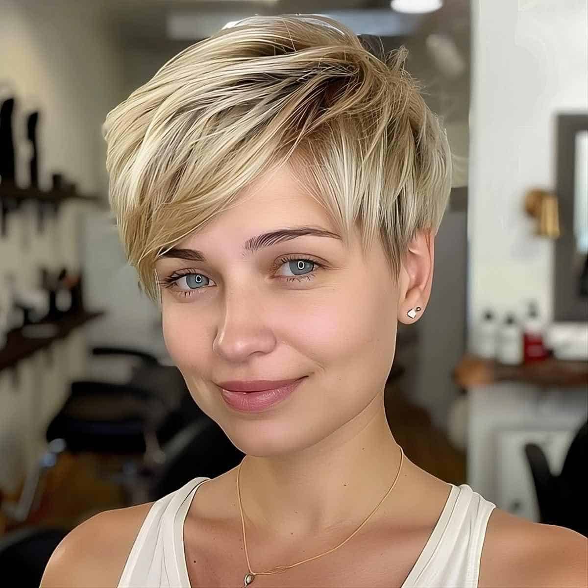 Schmutziger blonde Pixie geschnitten