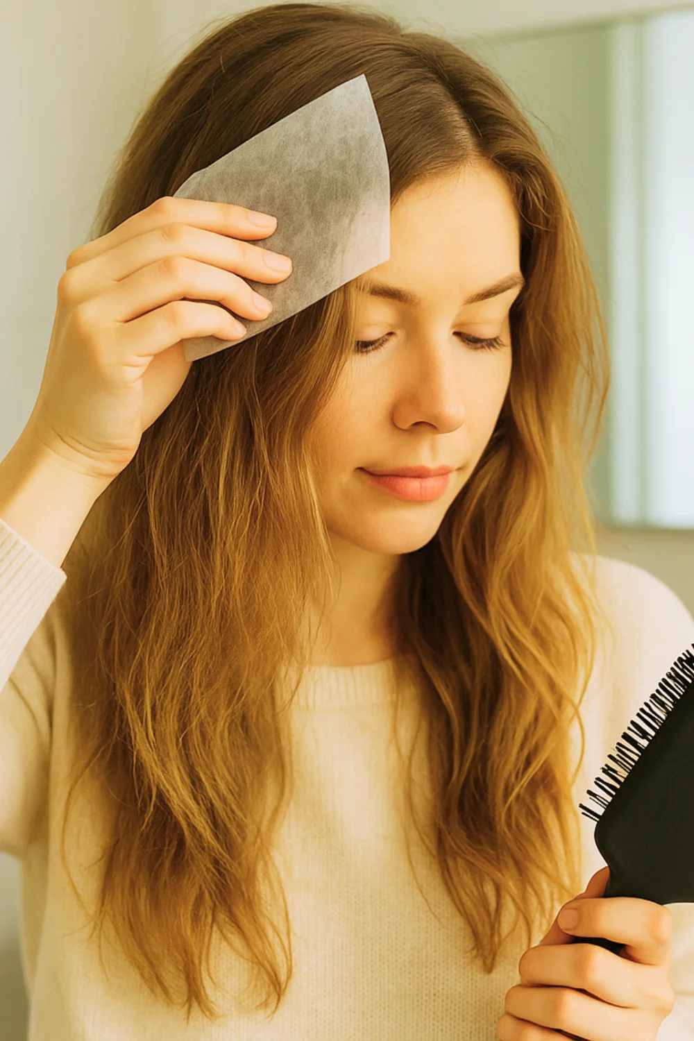 Frau benutzt ein Trocknertuch auf ihrem Haar, um winterliche statische Aufladung zu beseitigen, bevor sie das Haus verlässt.
