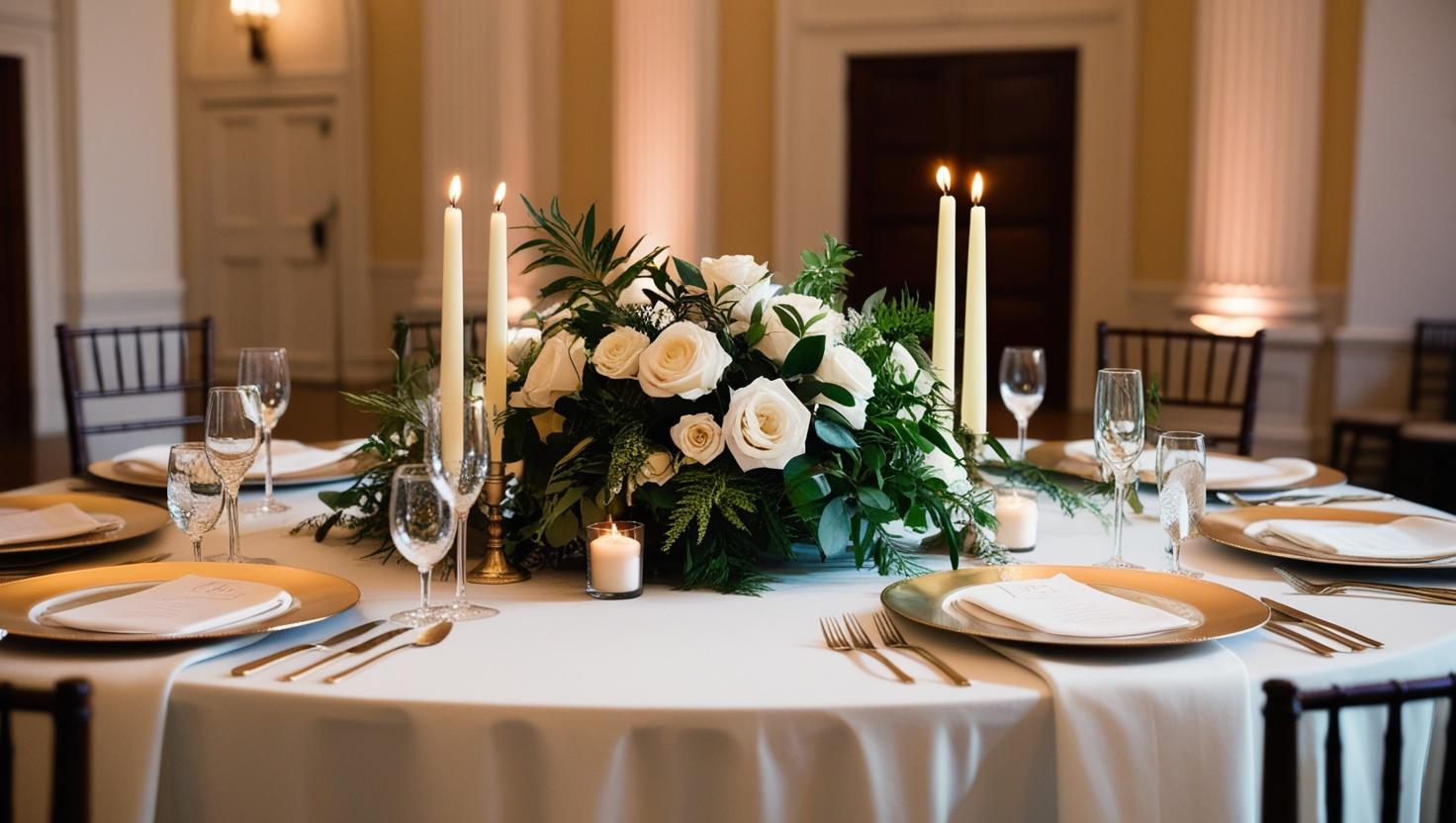 Eleganter Hochzeitstisch Herzstück mit Blumen und Kerzen