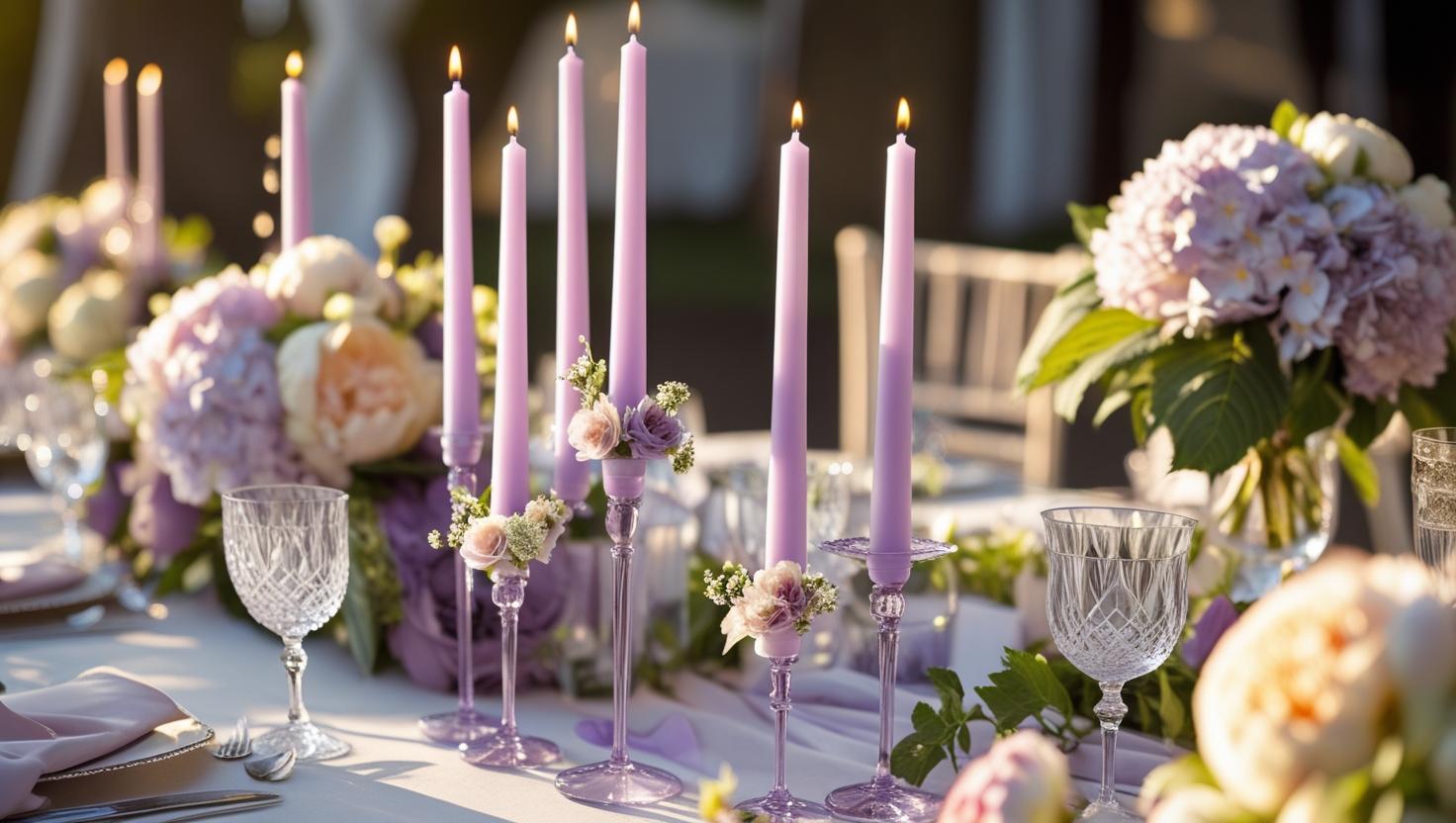 Elegante Hochzeitsverjüngungskerzen und Blumen für die Sommerhochzeitdekoration