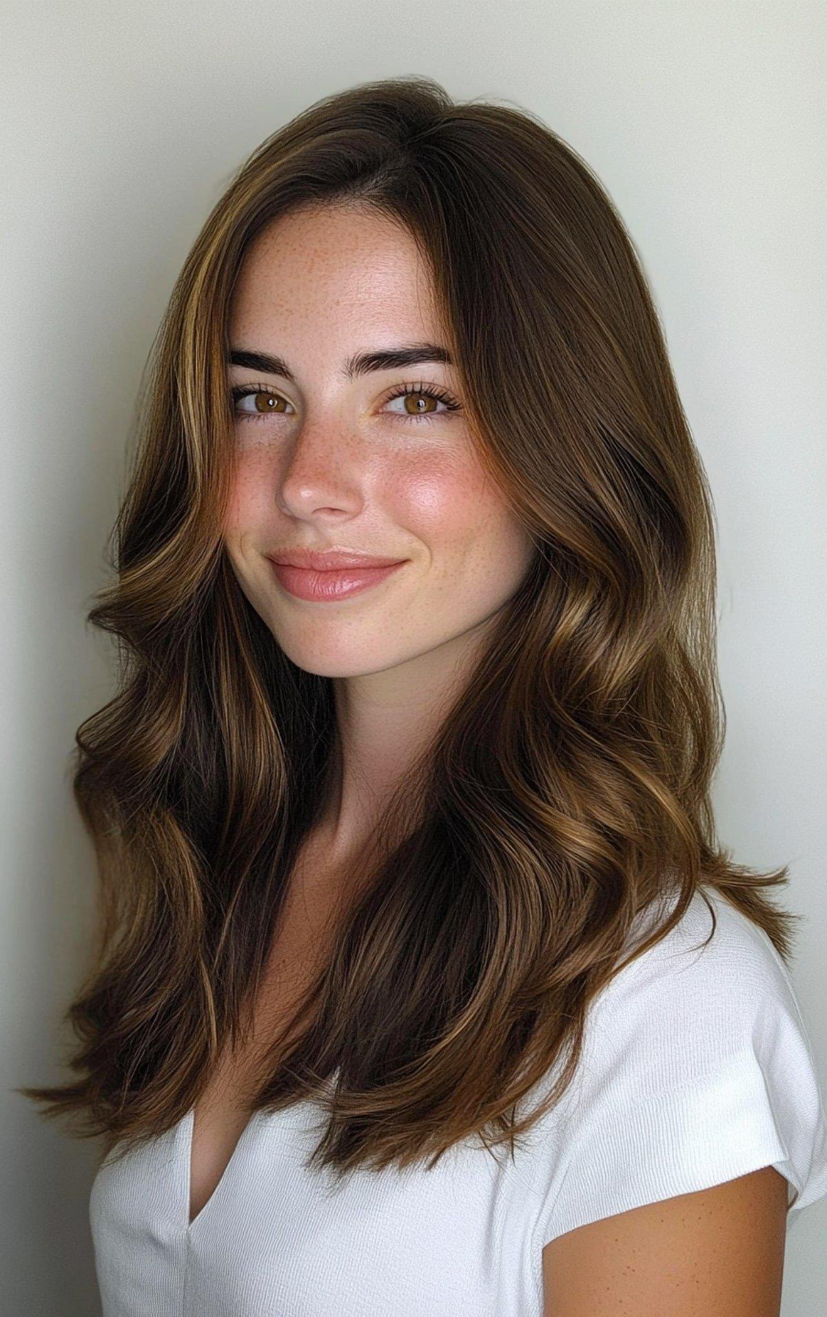 Espresso Haarfarbe mit Schokoladen-Lowlights für wellige Haare mit mittlerer Länge