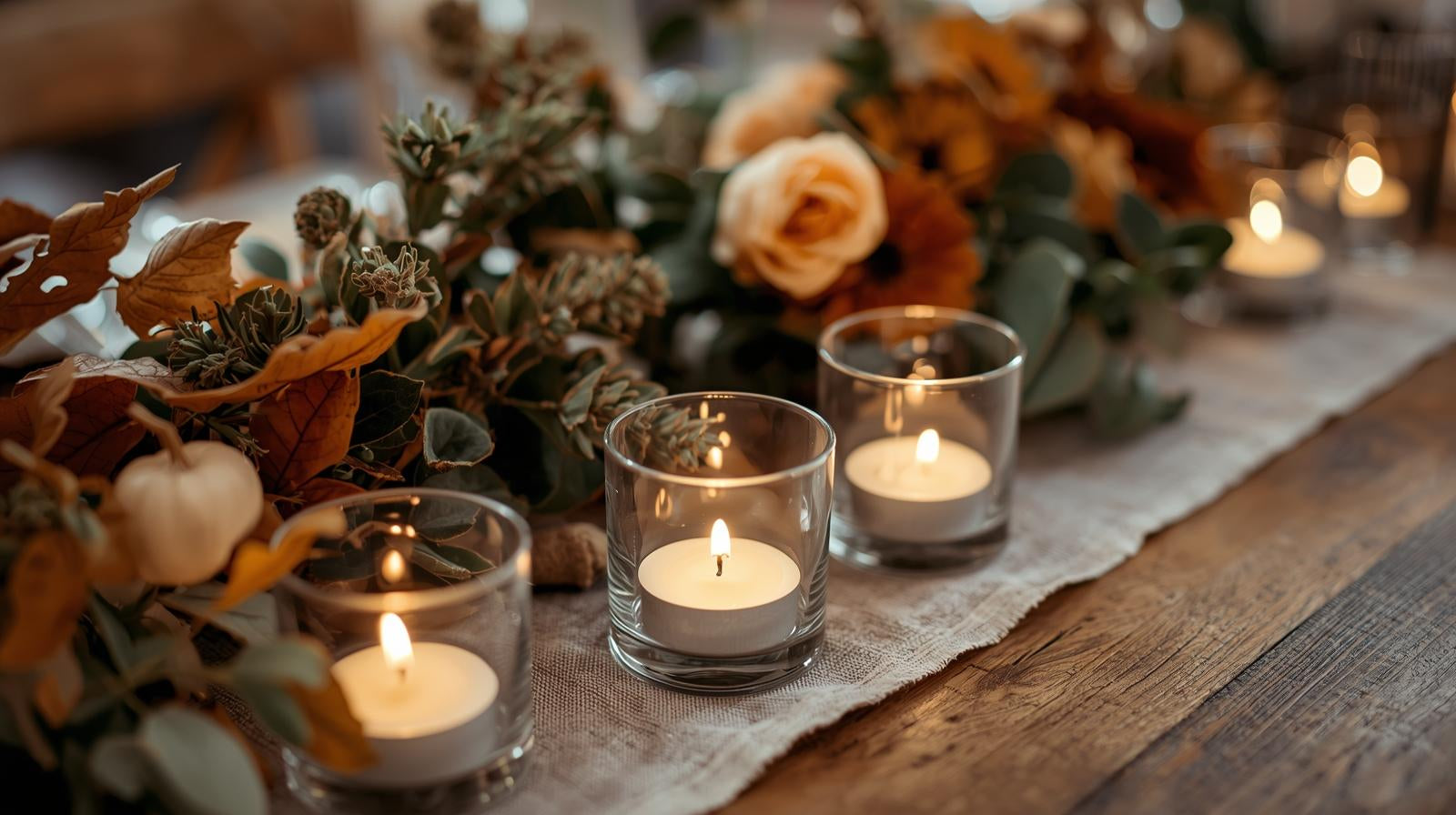 Herbst Hochzeit rustikale Mittelstücke mit Teelichtkerzen und saisonalen Blumen