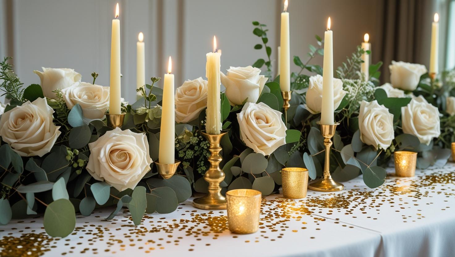 Blumen und Kerzen für ein Hochzeitskernstück