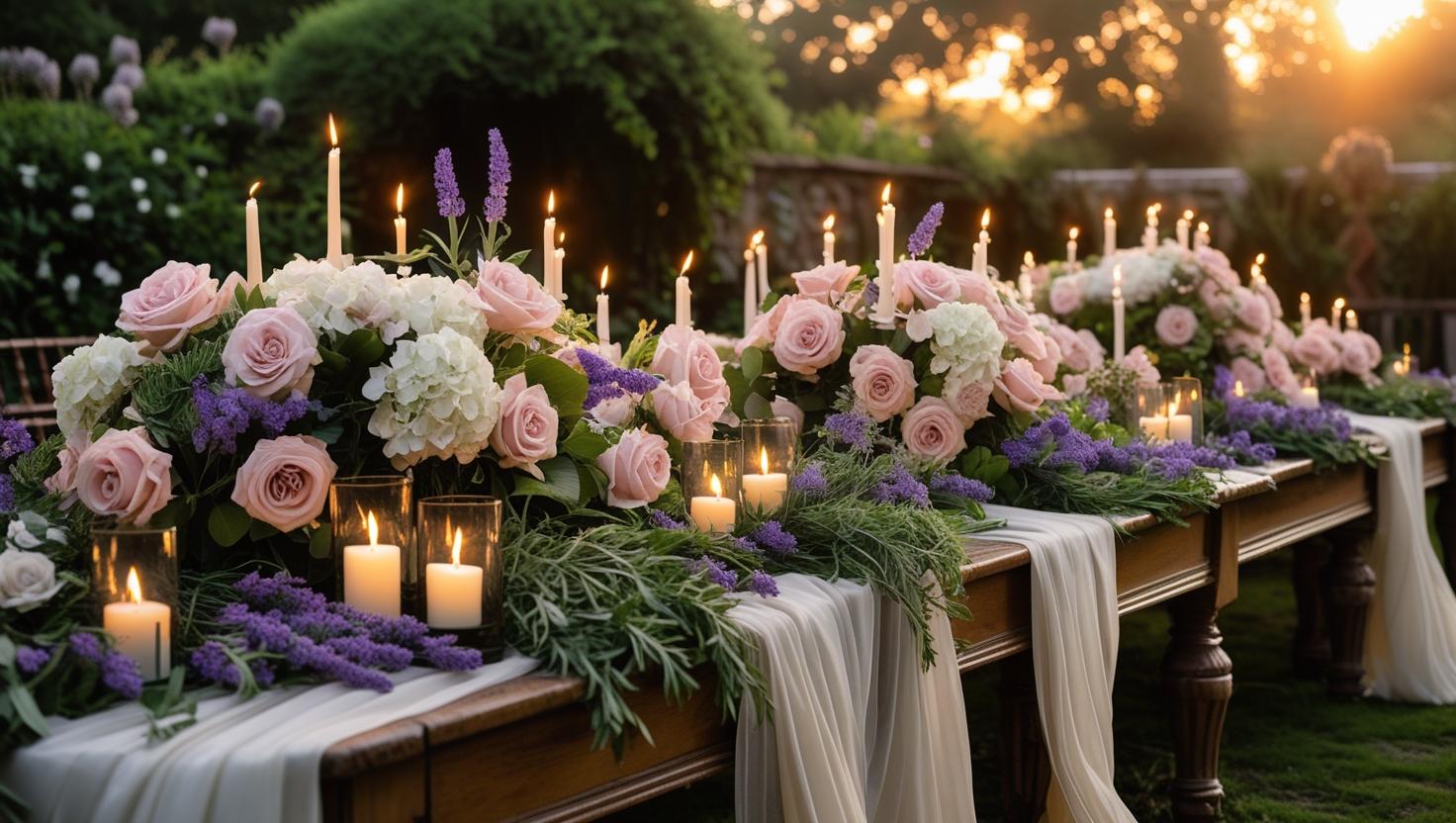 Garten Hochzeitsdekoration mit Kerzen und Blumen