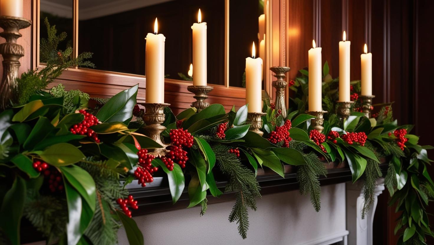 Girlande und Fireside Kerzen für den Kaminsims