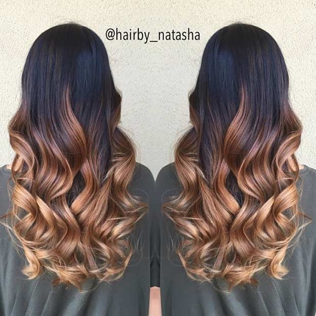 Karamell Balayage Ombre auf dunkelbraunem Haar