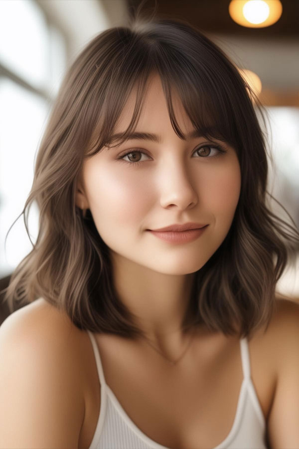 langer Bob mit Pony Frisur für runde Gesichter