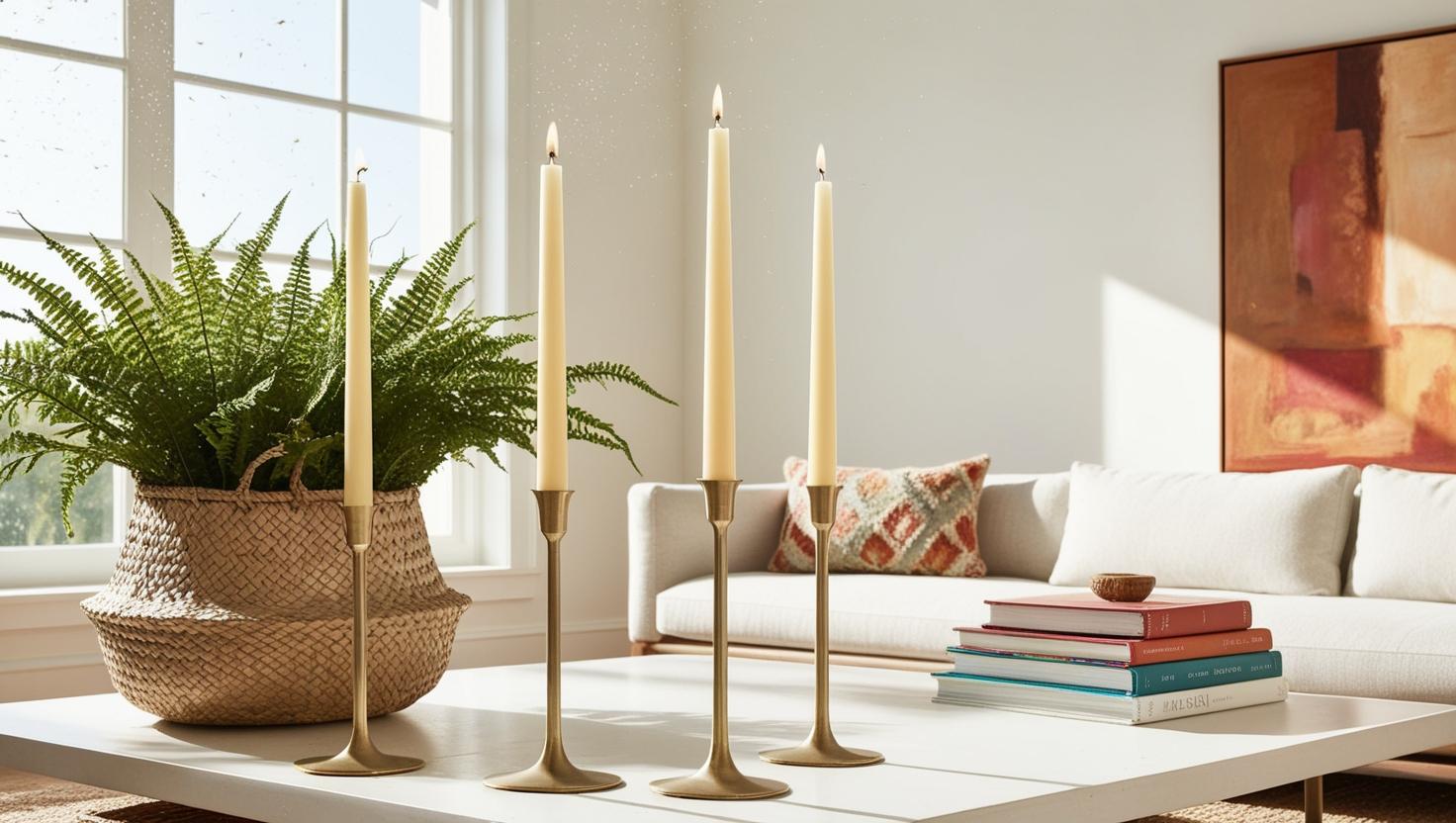 Home Dekorationsideen mit sich verjüngenden Kerzen und anderen dekorativen Elementen