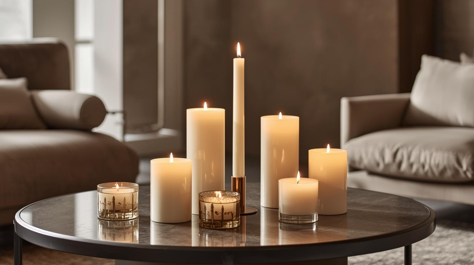 Heiminnere mit einer stilvollen Anordnung von Säulenkerzen, sich verjüngenden Kerzen, Teelichtkerzen und Votivkerzen